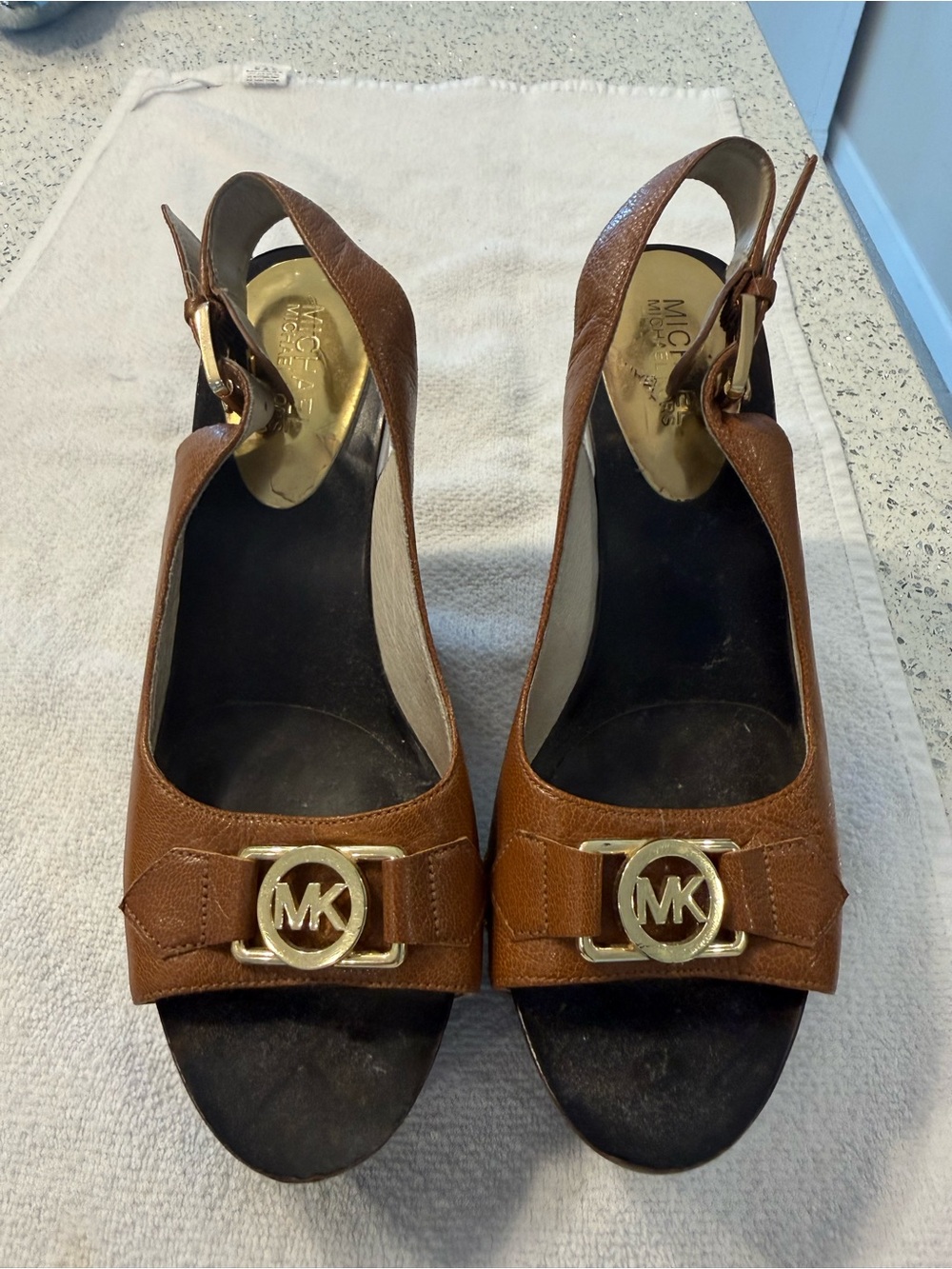 Michael Kors Brown Leather Studded Wedge Sandals with Gold Logo - Picture 4 of 5